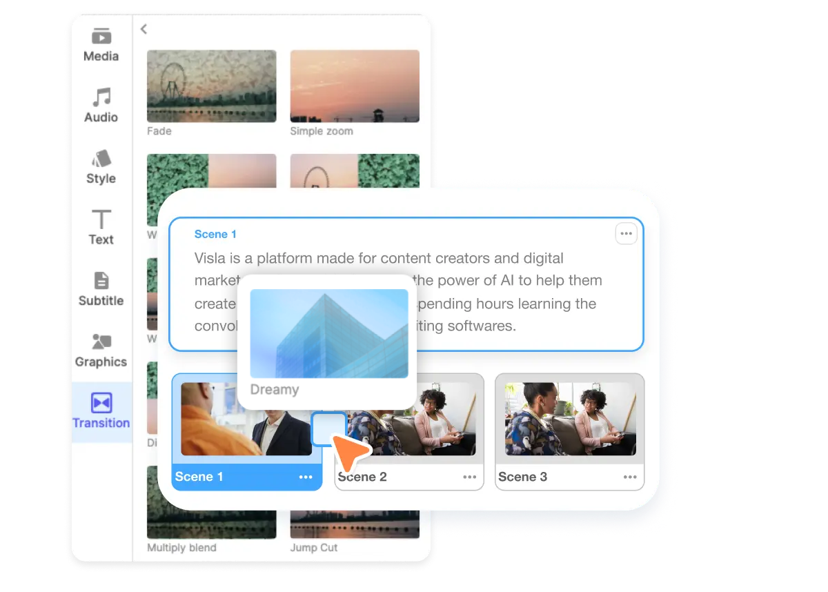 Visla video transitions: simple fade guiding viewers between scenes inside the Scene-Based Editor